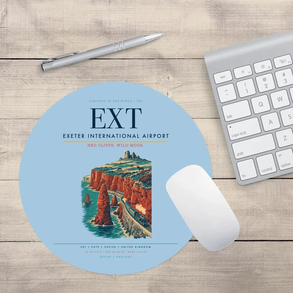 Exeter International Airport (EXT) design on light blue round mouse pad