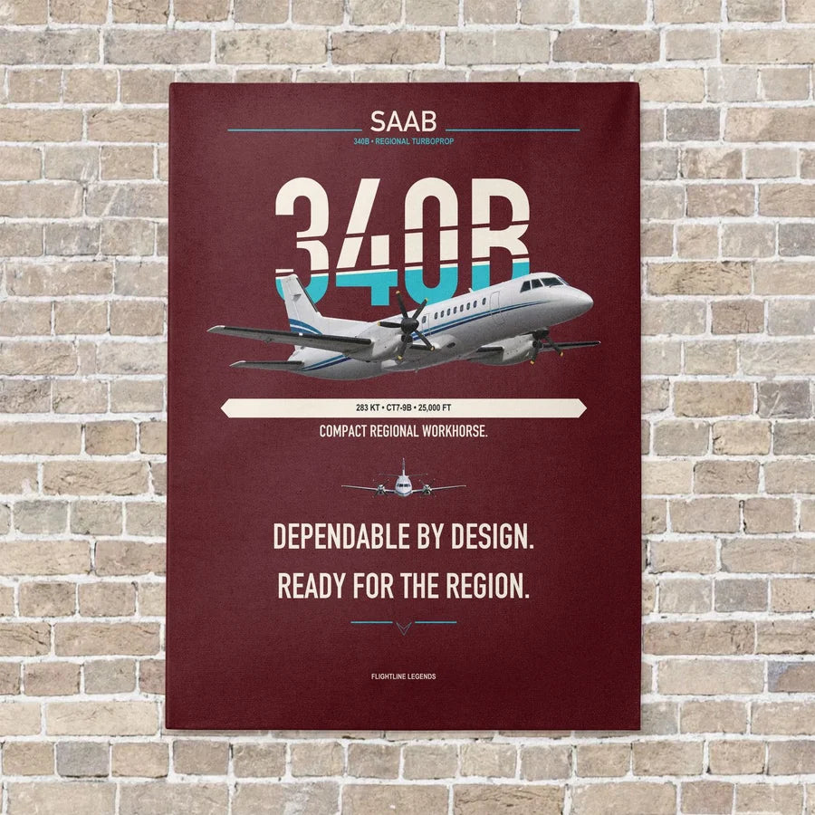 Saab 340B vertical canvas print - no frame - dark red background
