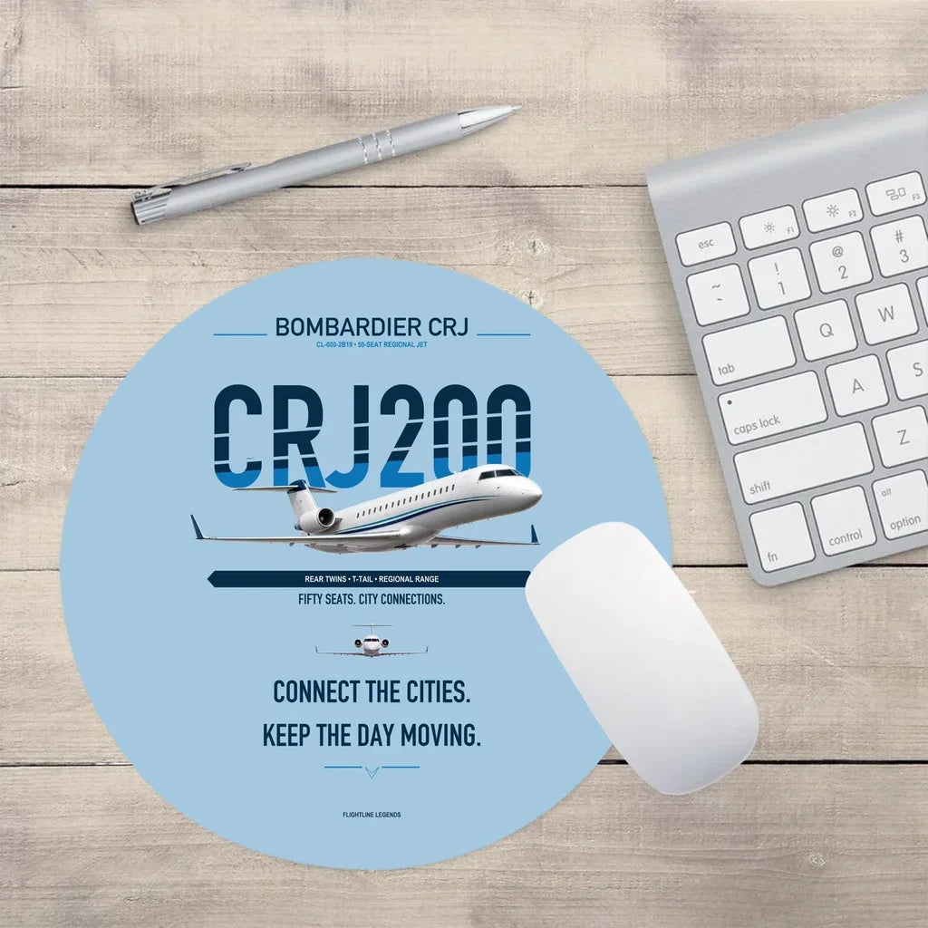 Bombardier CRJ200 design on light blue round mouse pad