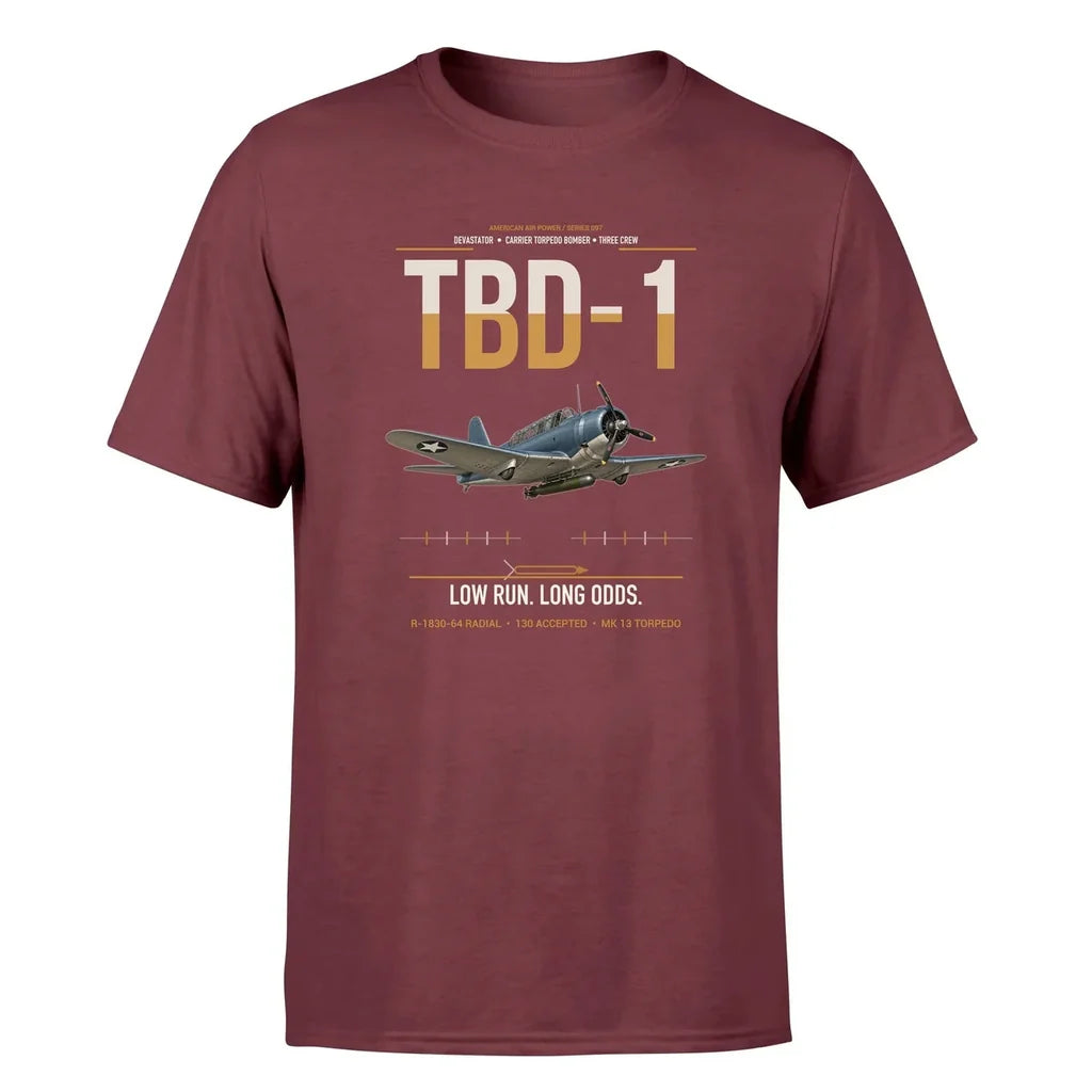TBD-1 Devastator design on dark red double-side t-shirt, single-side print