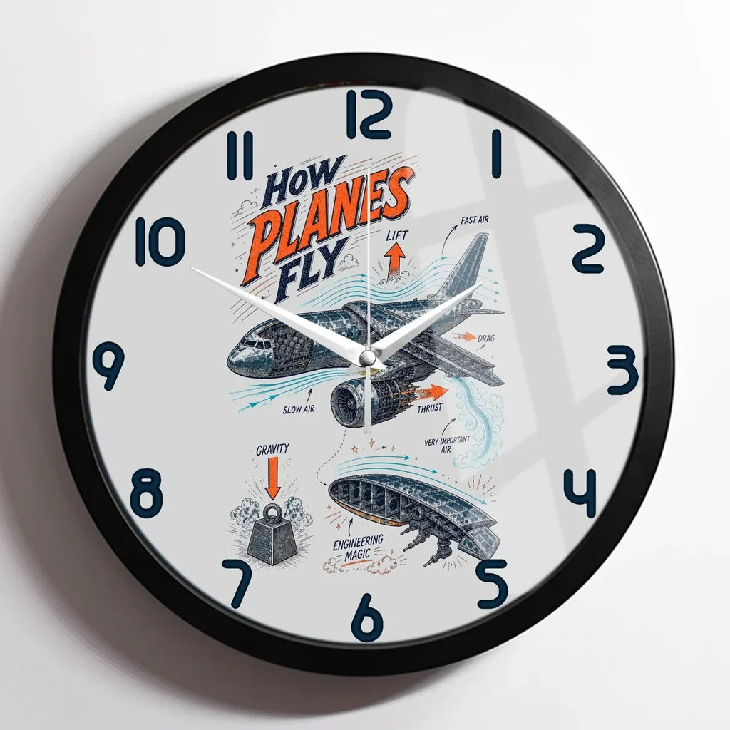 How Planes Fly V2 design on light gray framed wall clock