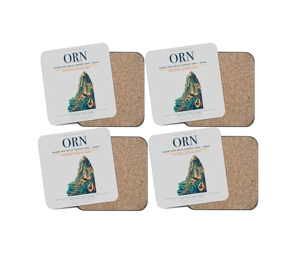 Ahmed Ben Bella Airport (ORN) design on light gray 4 pieces set coaster