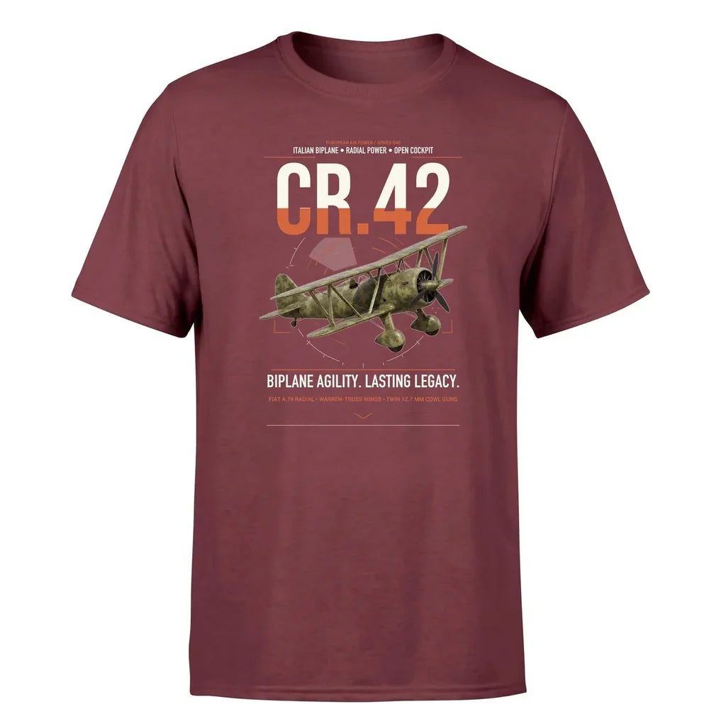 Fiat CR.42 Falco design on dark red t-shirt, single-side print