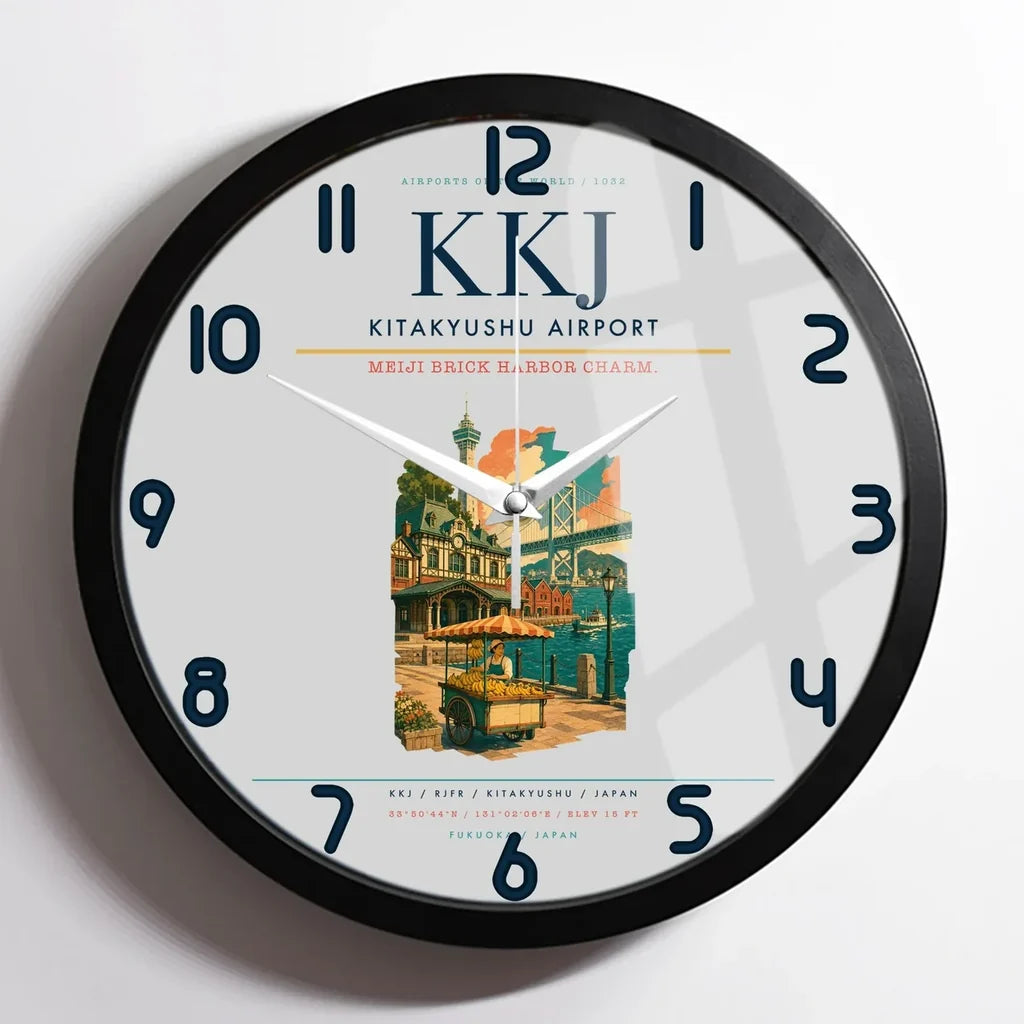 Kitakyushu Airport (KKJ) design on light gray framed wall clock