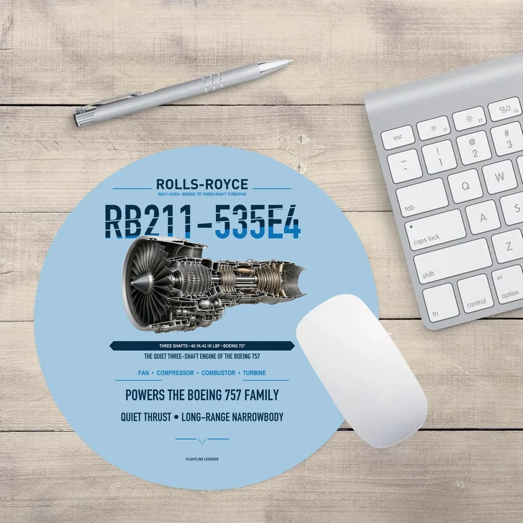 RB211-535E4 design on light blue round mouse pad