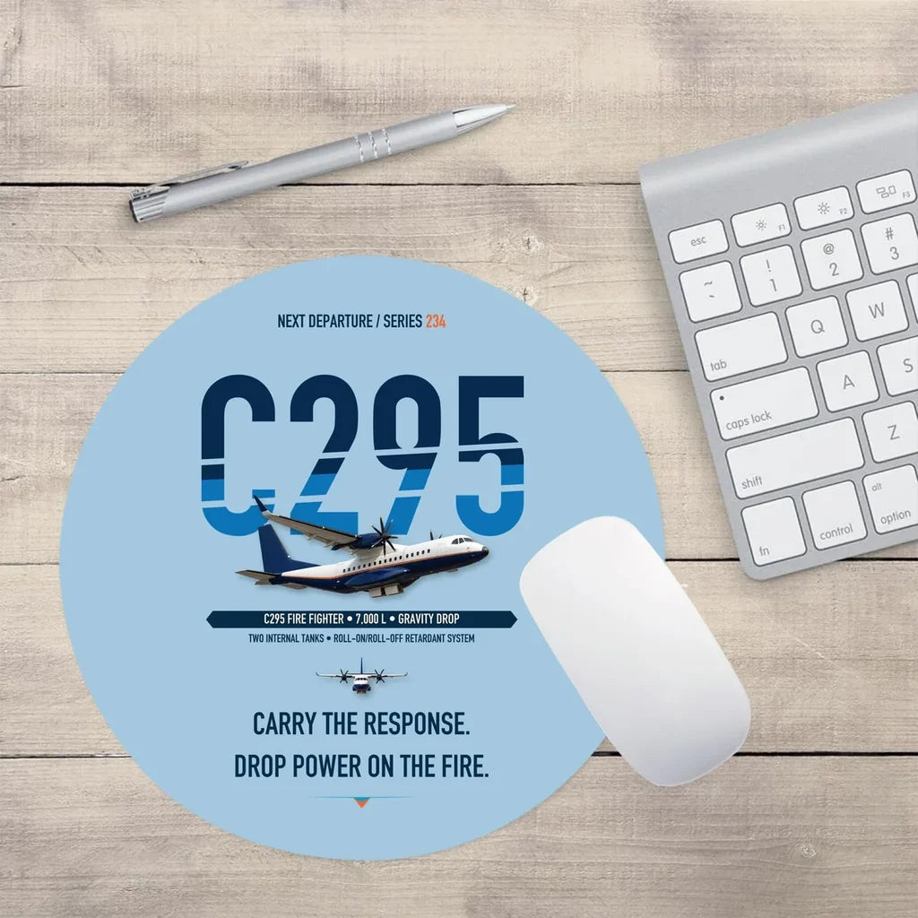 Airbus C295 Firefighter design on light blue round mouse pad