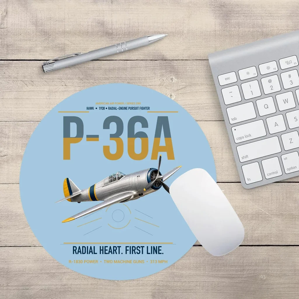 P-36A Hawk design on light blue round mouse pad