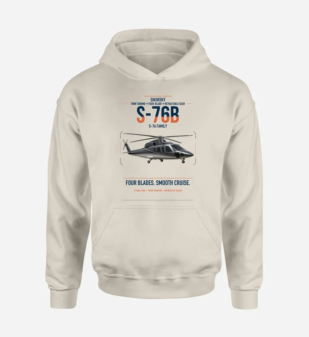 Sikorsky S-76B design on khaki double-side hoodie, single-side print