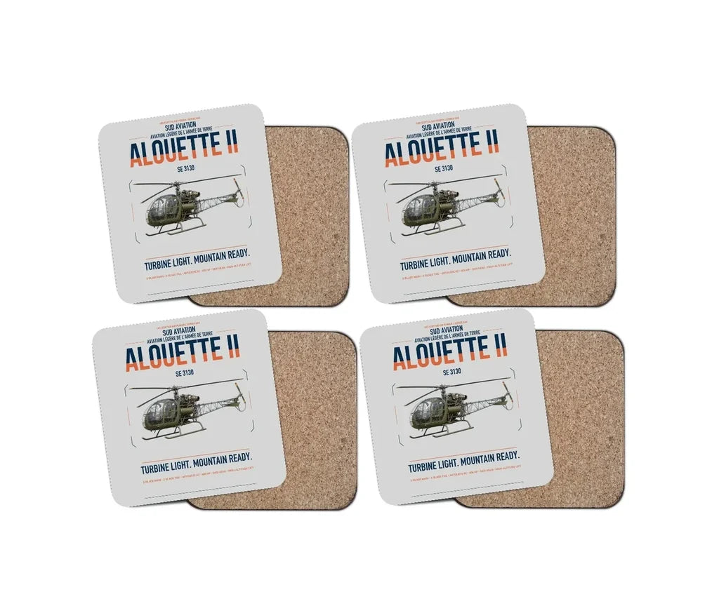Sud Aviation SE 3130 Alouette II design on light gray 4 pieces set coaster