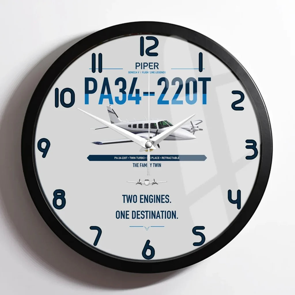 Piper PA-34-220T Seneca V design on light gray framed wall clock