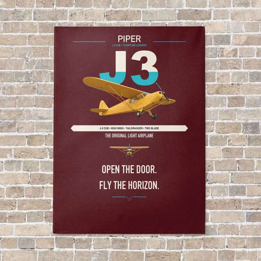Piper J-3 Cub vertical canvas print - no frame - dark red background