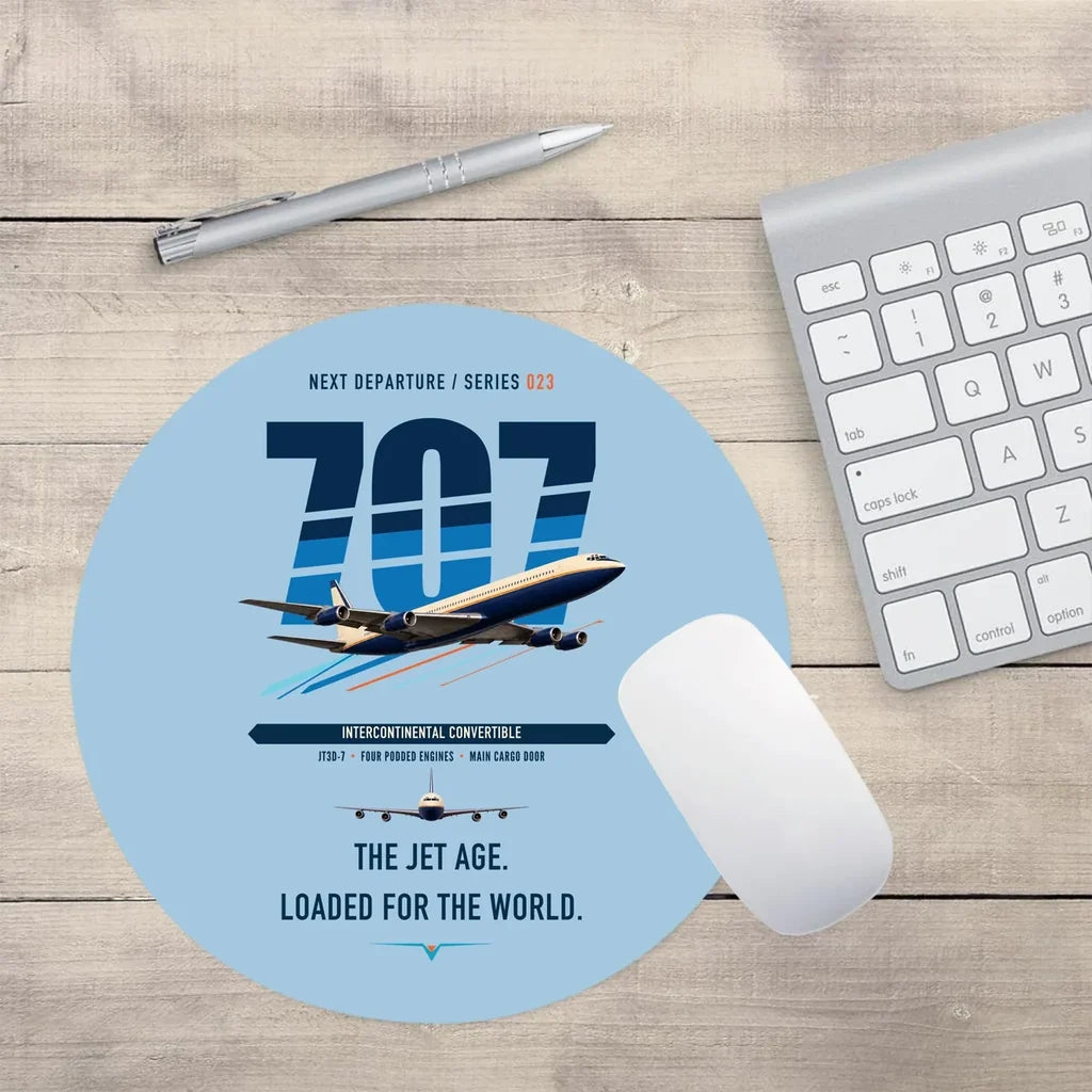Boeing 707-320C design on light blue round mouse pad