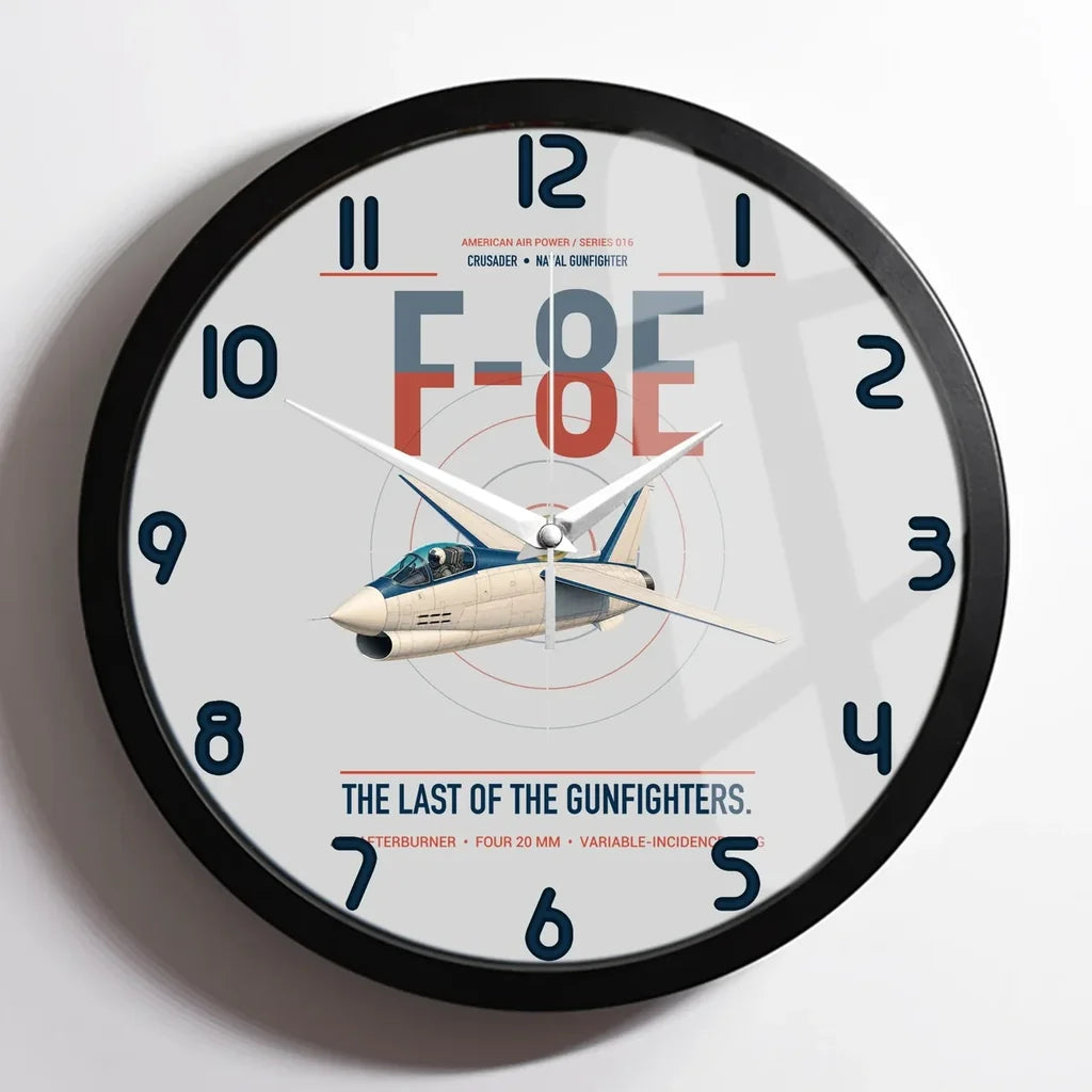 F-8E Crusader design on light gray framed wall clock