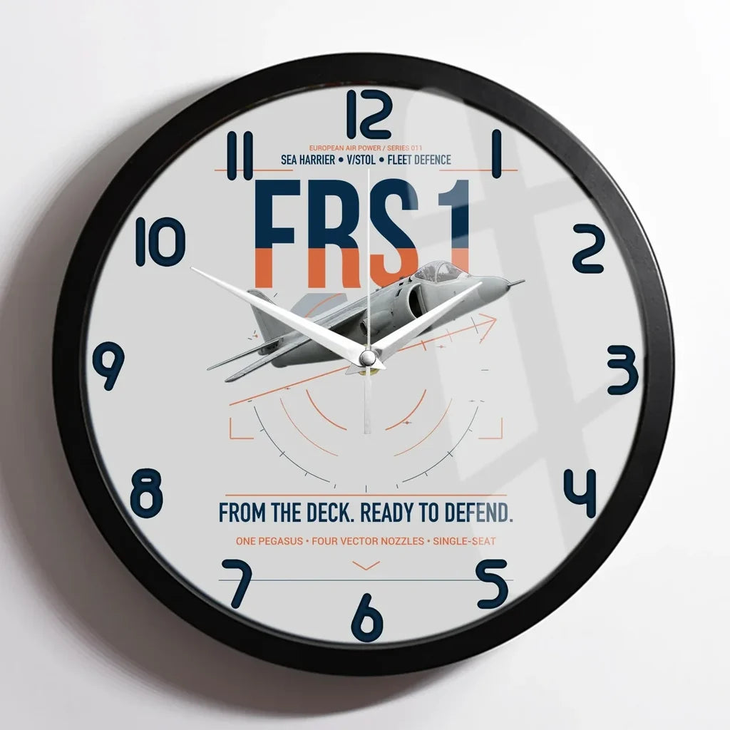 British Aerospace Sea Harrier FRS.1 design on light gray framed wall clock