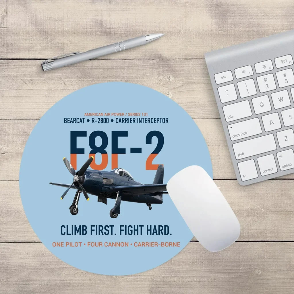 F8F-2 Bearcat Climb First Fight Hard design on light blue round mouse pad