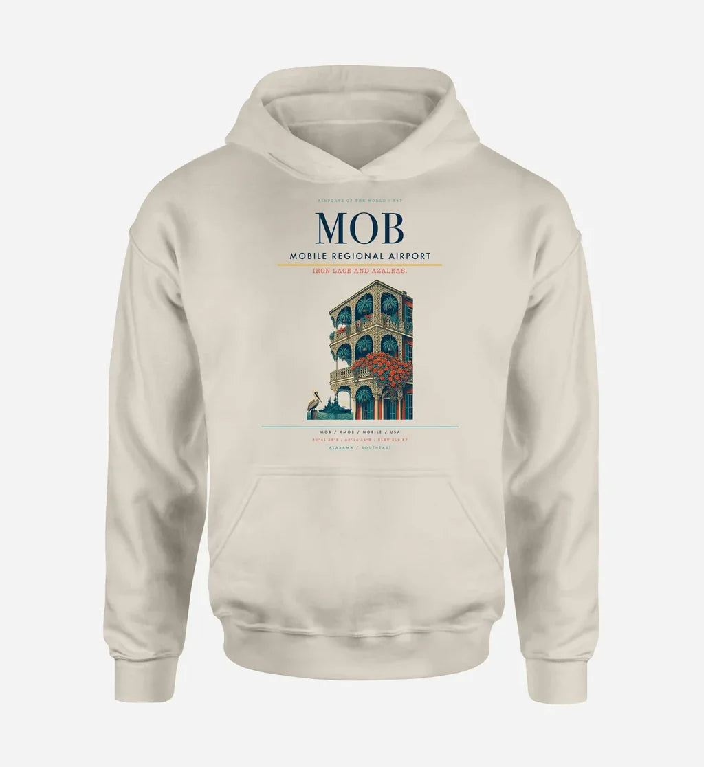Mobile Regional Airport (MOB) design on khaki hoodie single-side print