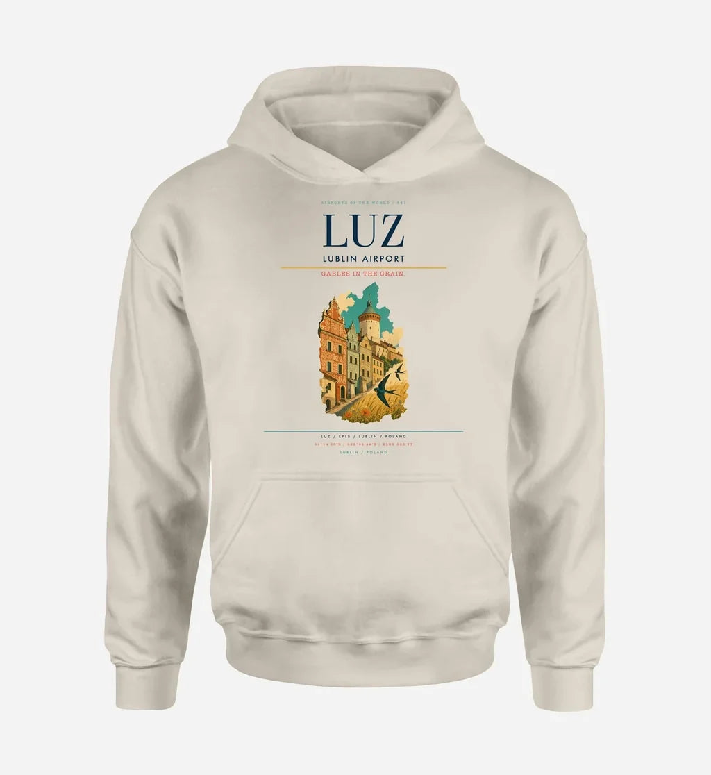 Lublin Airport (LUZ) design on khaki hoodie single-side print