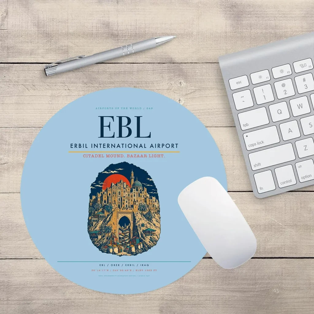 Erbil International Airport (EBL) design on light blue round mouse pad