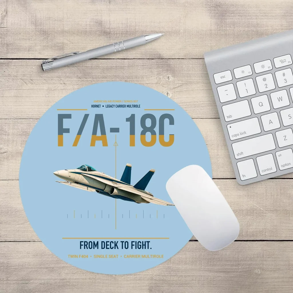 F-A-18C Hornet design on light blue round mouse pad