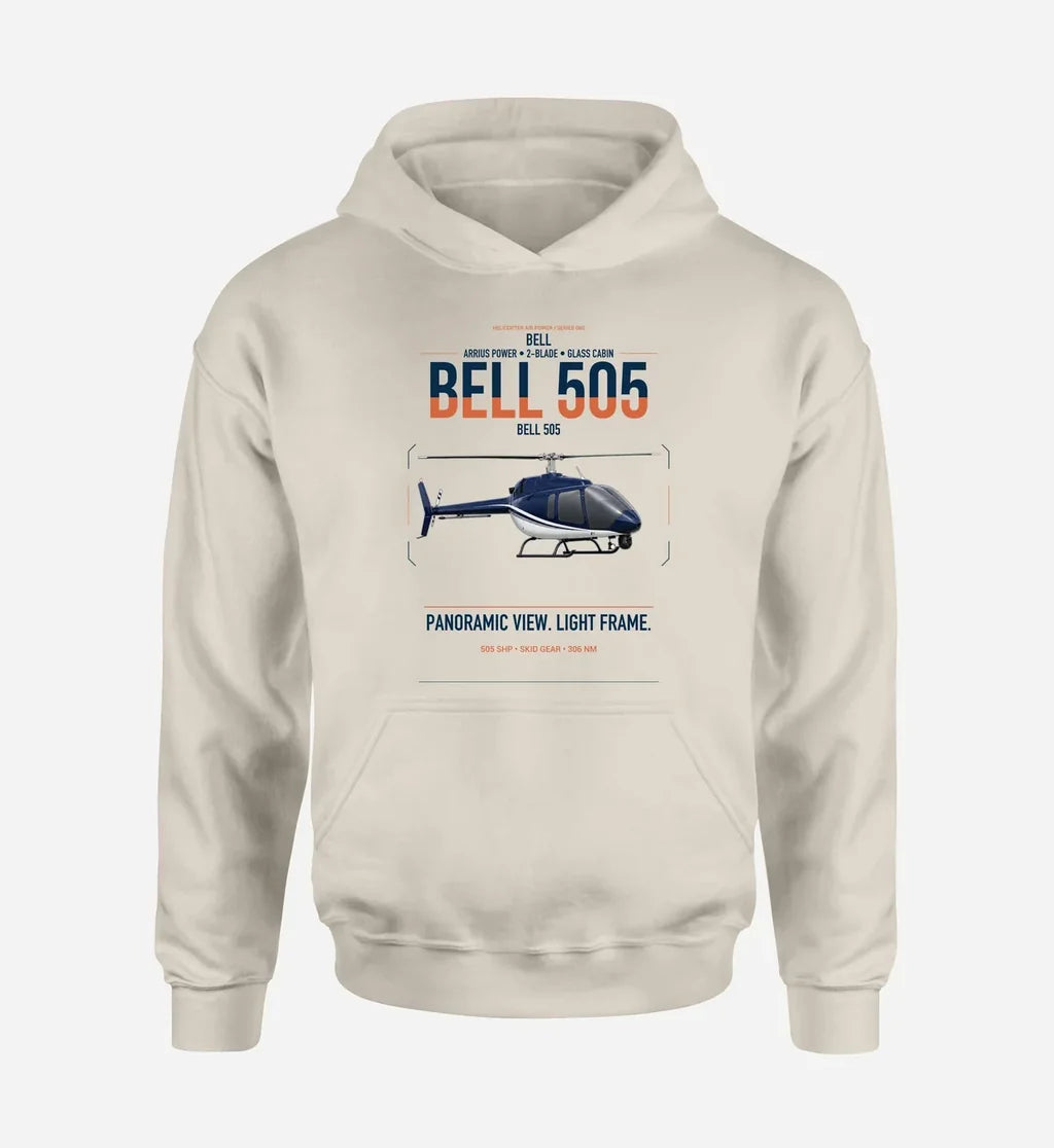 Bell 505 design on khaki double-side hoodie, single-side print