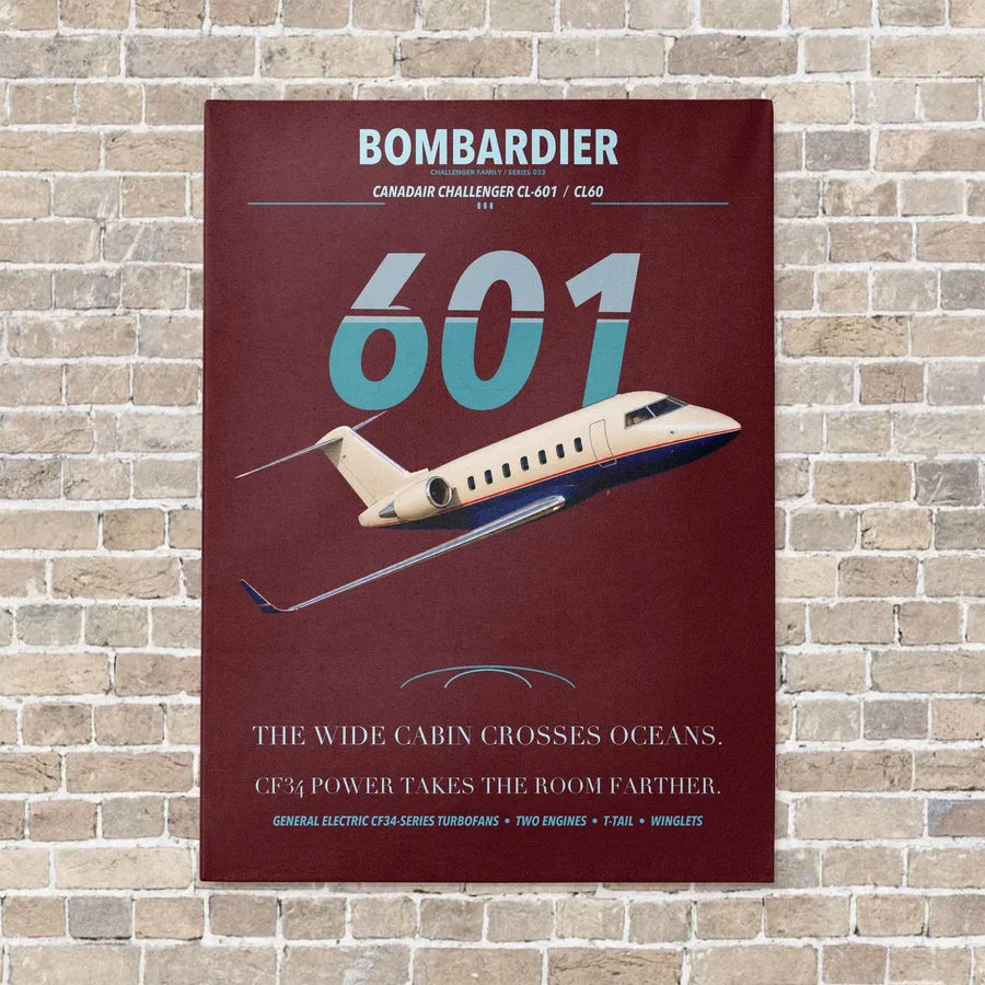 Bombardier Challenger 601 vertical canvas print - no frame - dark red background