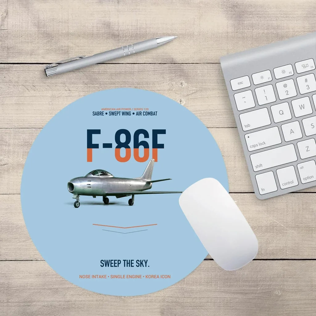 F-86F Sabre Sweep The Sky design on light blue round mouse pad