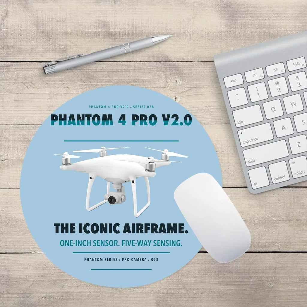 DJI Phantom 4 Pro V2.0 design on light blue round mouse pad