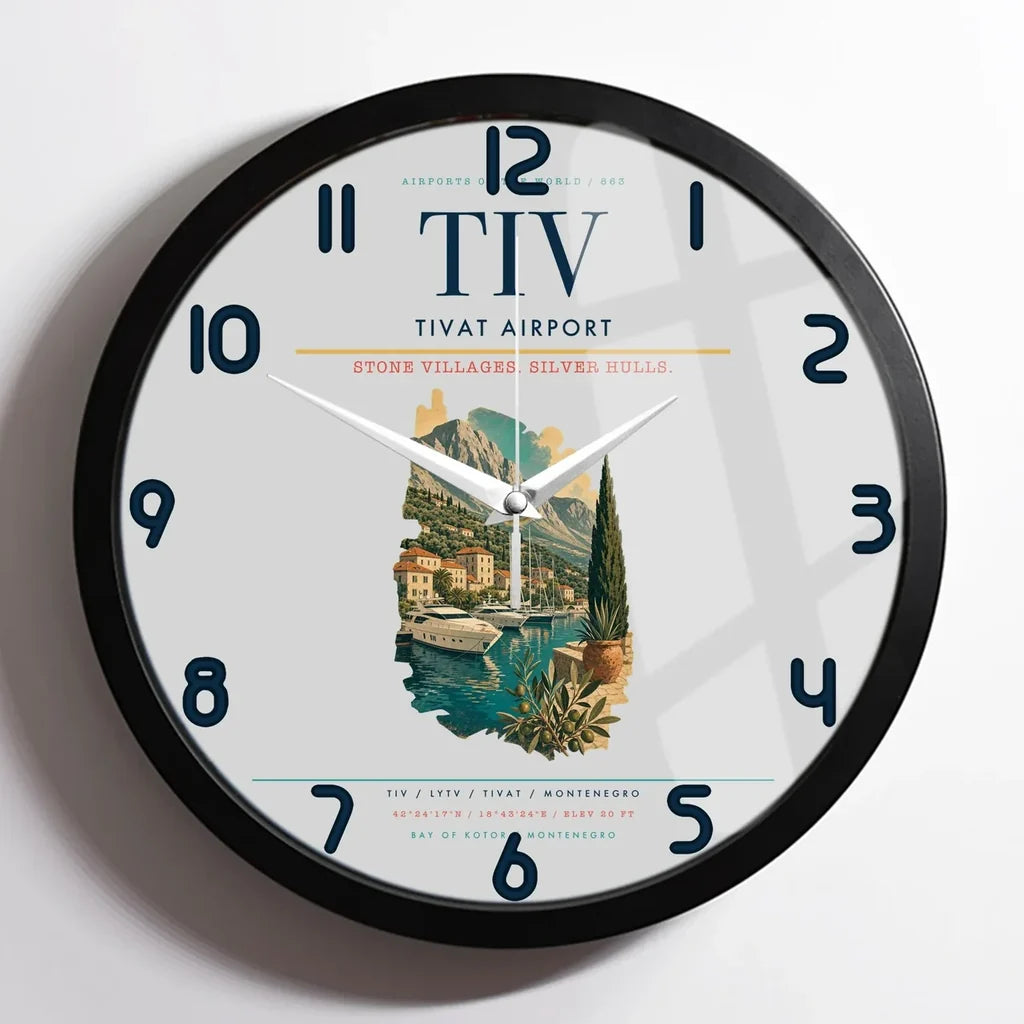 Tivat Airport (TIV) design on light gray framed wall clock