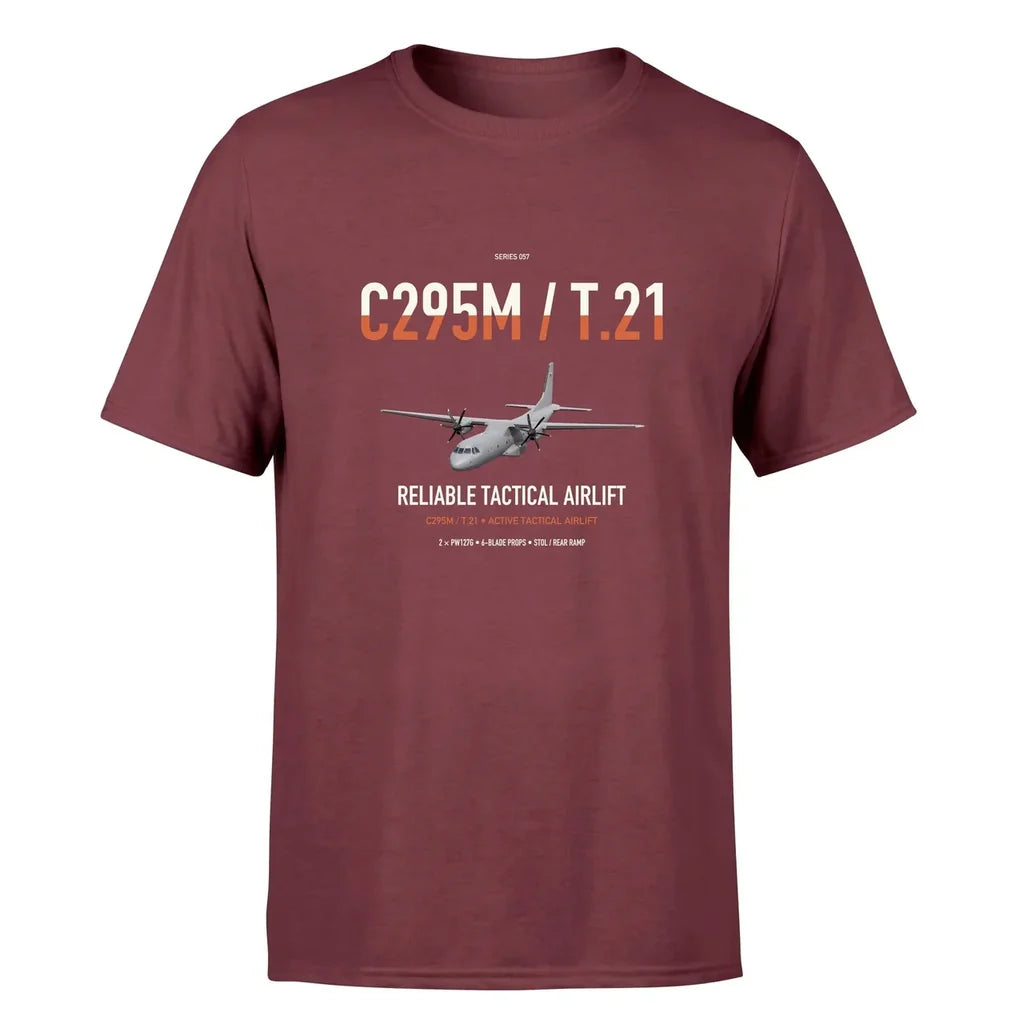 Airbus C295M T.21 design on dark red double-side t-shirt, single-side print