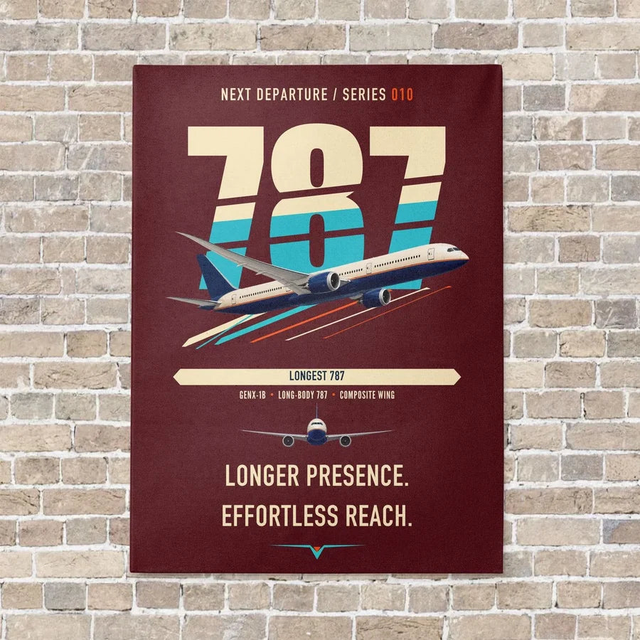 Boeing 787-10 Dreamliner vertical canvas print - no frame - dark red background