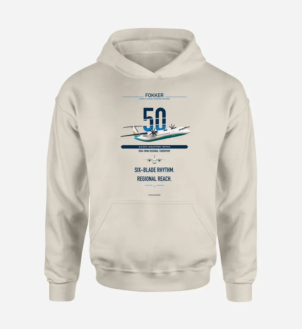 Fokker 50 design on khaki double-side hoodie, single-side print