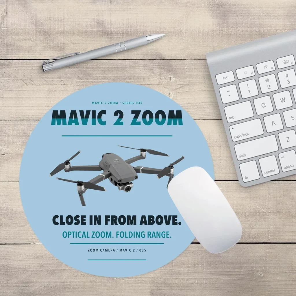 DJI Mavic 2 Zoom design on light blue round mouse pad