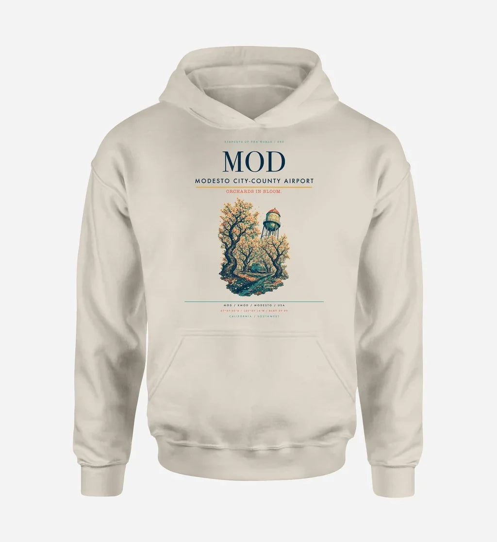 Modesto City-County Airport (MOD) design on khaki hoodie single-side print