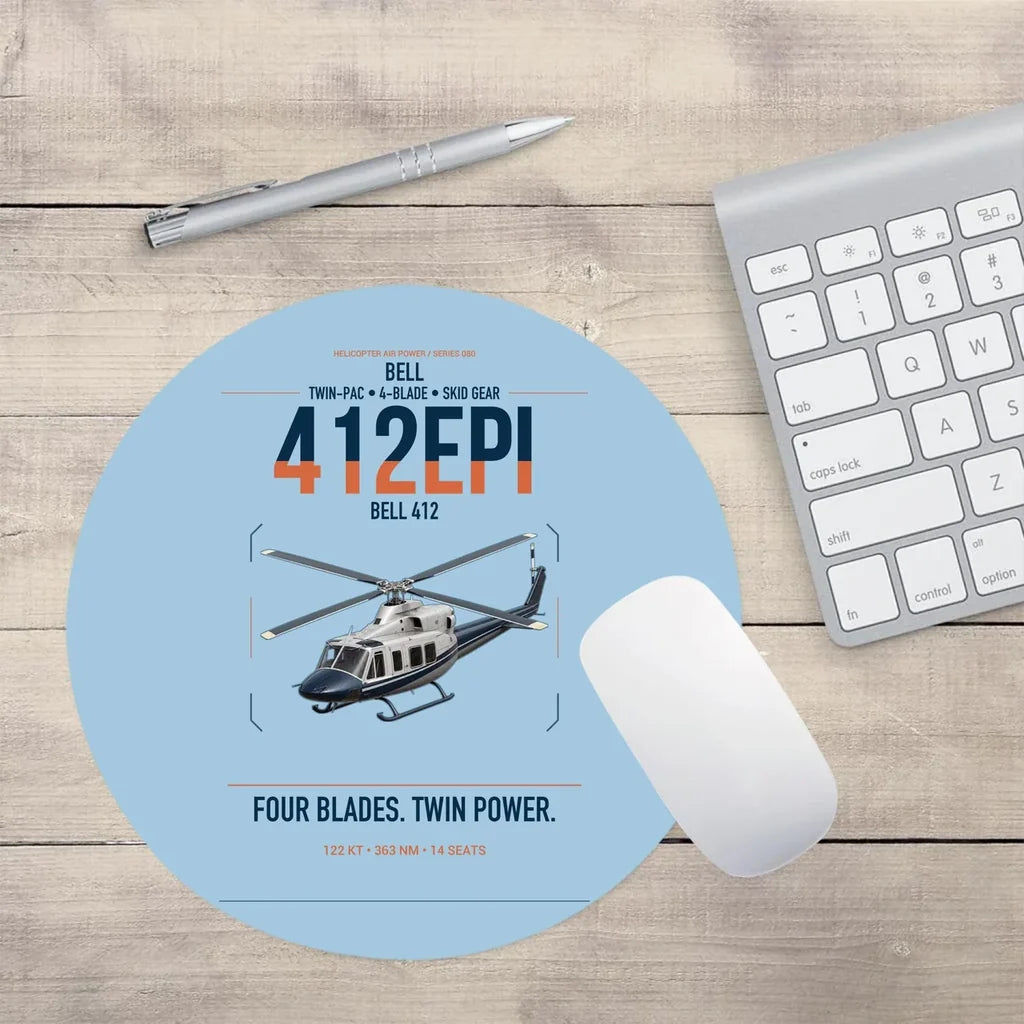 Bell 412EPI design on light blue round mouse pad