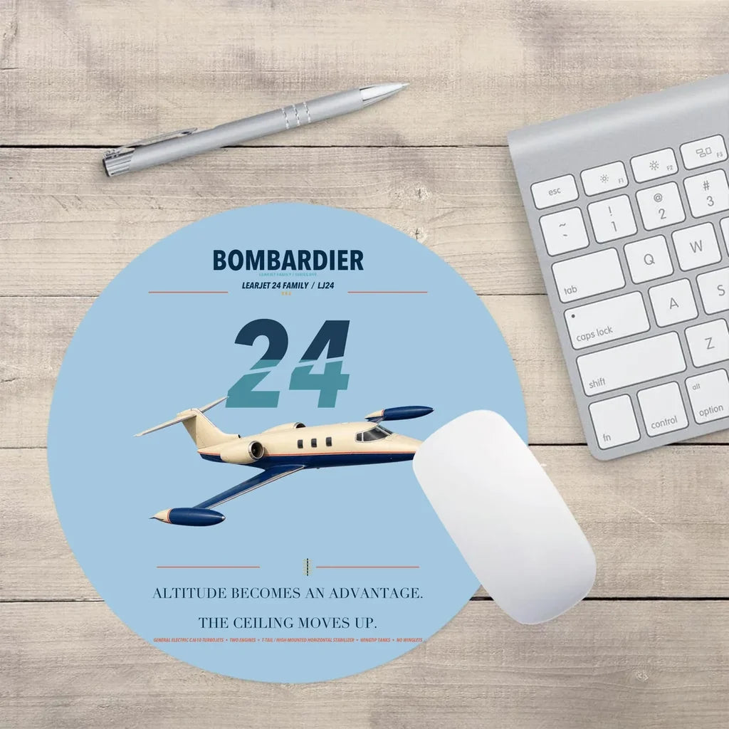 Bombardier Learjet 24 design on light blue round mouse pad