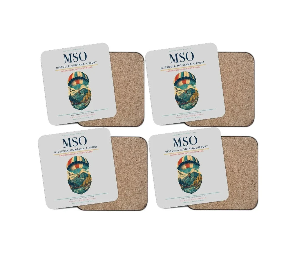 Missoula Montana Airport (MSO) design on light gray 4 pieces set coaster