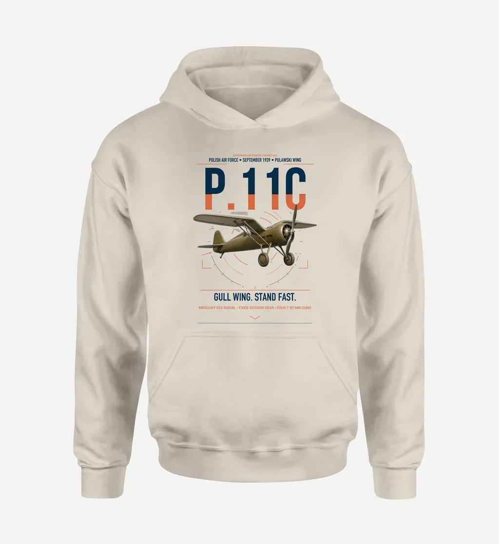 PZL P.11c design on khaki double-side hoodie, single-side print