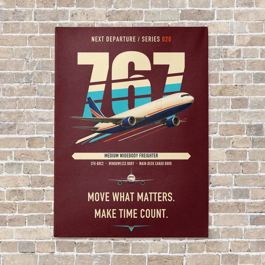 Boeing 767-300F vertical canvas print - no frame - dark red background