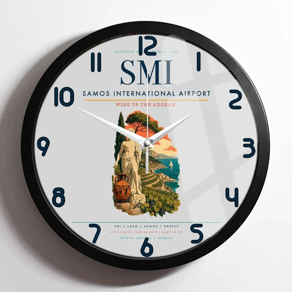Samos International Airport (SMI) design on light gray framed wall clock