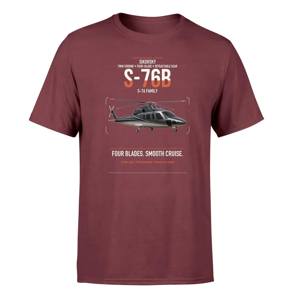 Sikorsky S-76B design on dark red t-shirt, single-side print