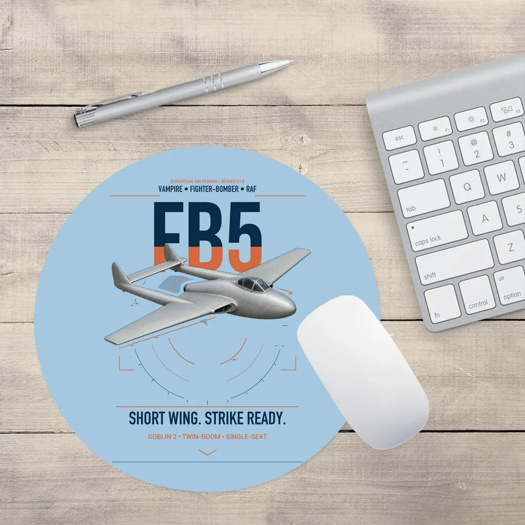 de Havilland Vampire FB5 design on light blue round mouse pad