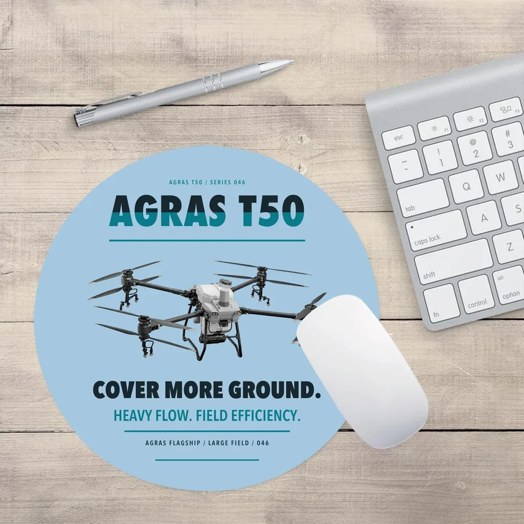 DJI Agras T50 design on light blue round mouse pad