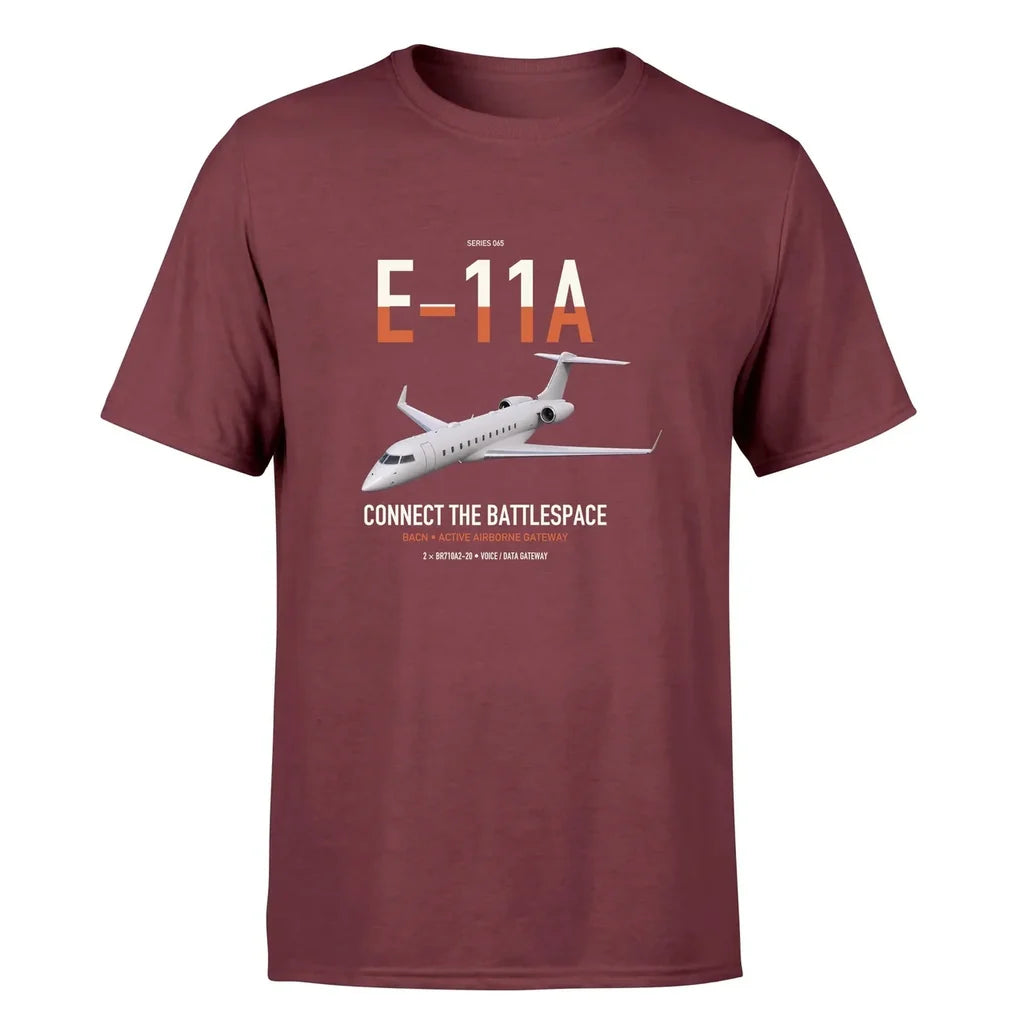 E-11A BACN design on dark red double-side t-shirt, single-side print