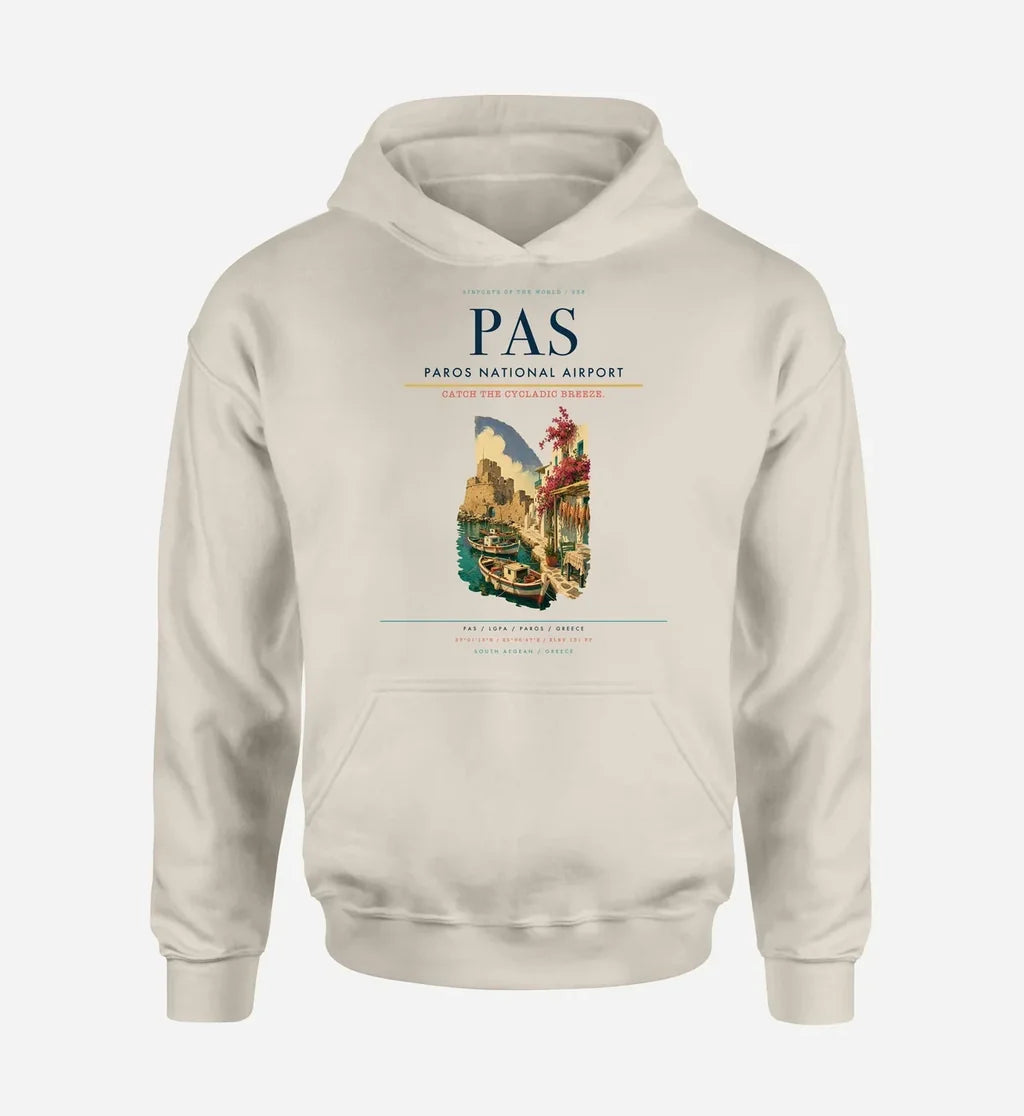 Paros National Airport (PAS) design on khaki hoodie single-side print