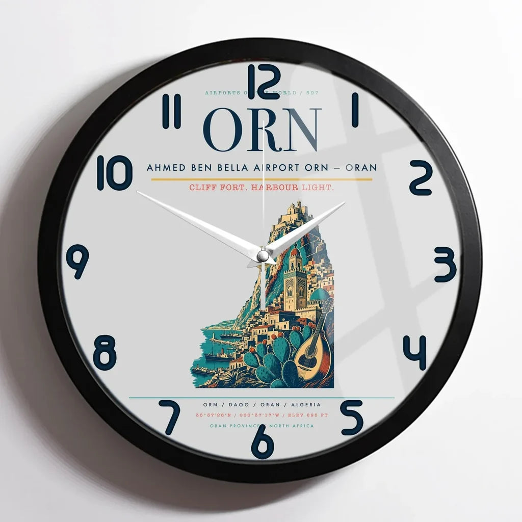 Ahmed Ben Bella Airport (ORN) design on light gray framed wall clock