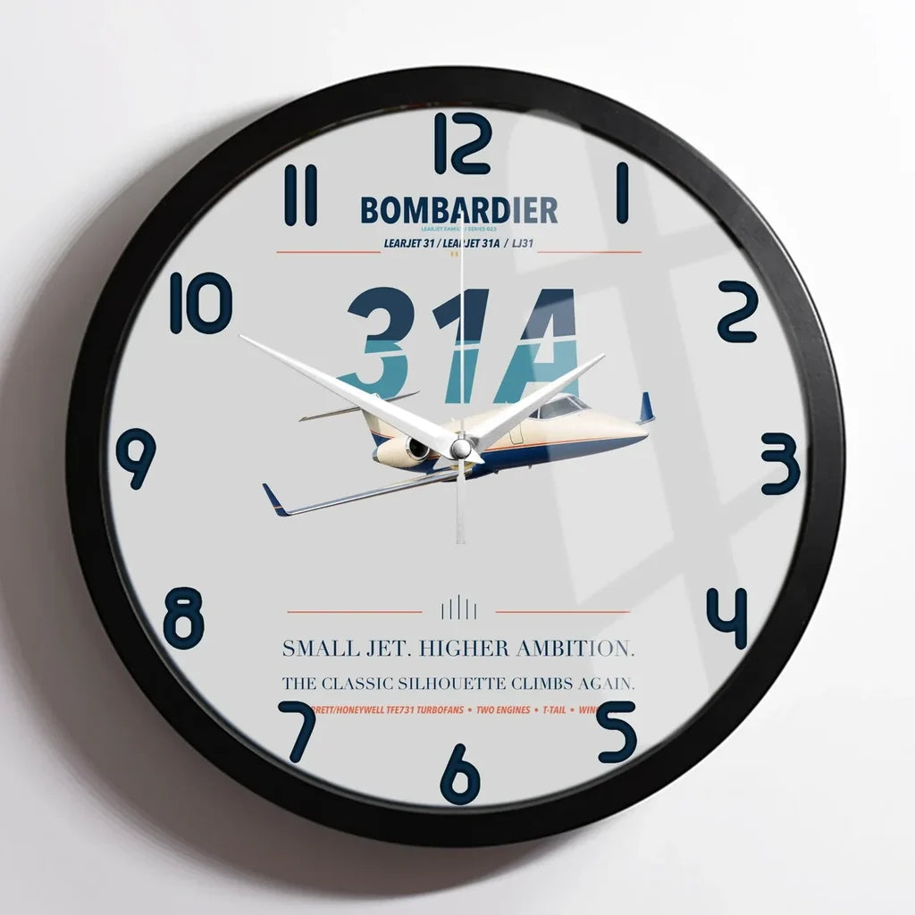 Bombardier Learjet 31A design on light gray framed wall clock