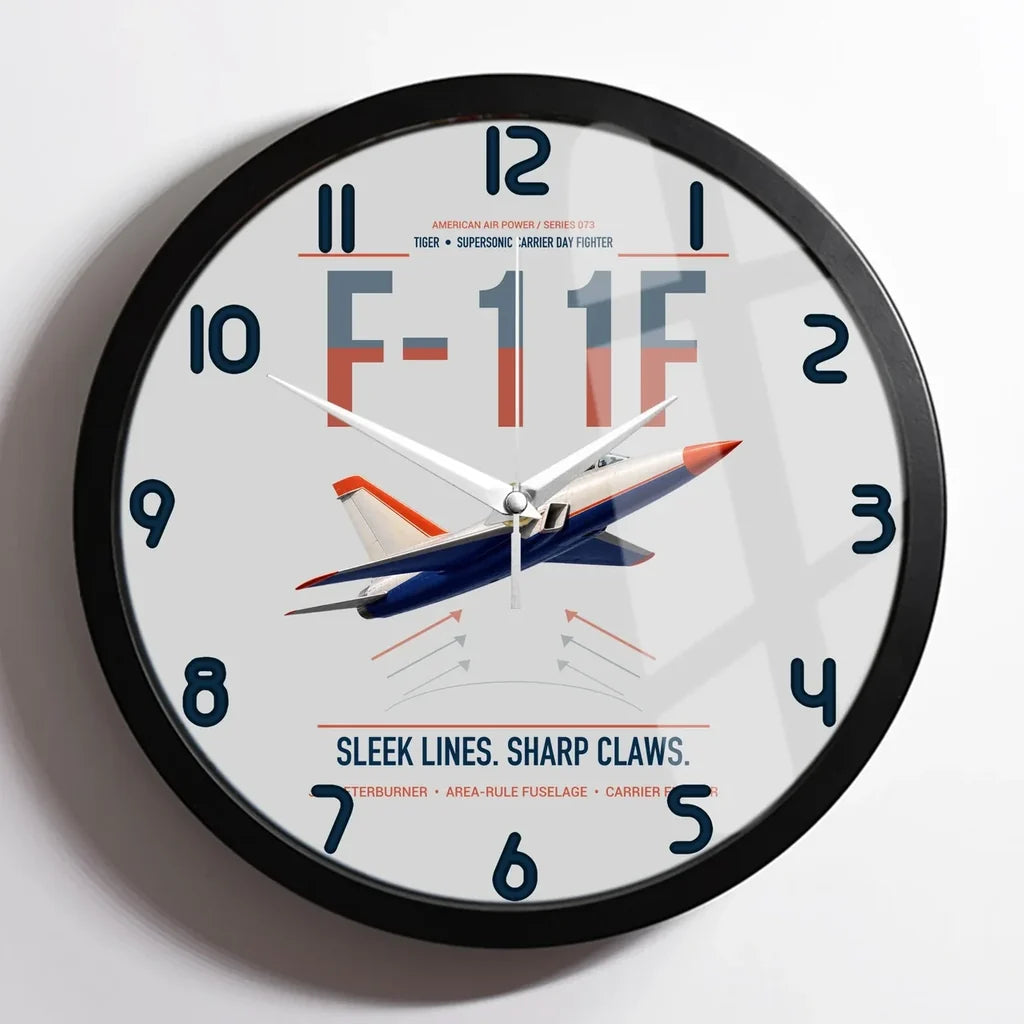F-11F Tiger design on light gray framed wall clock