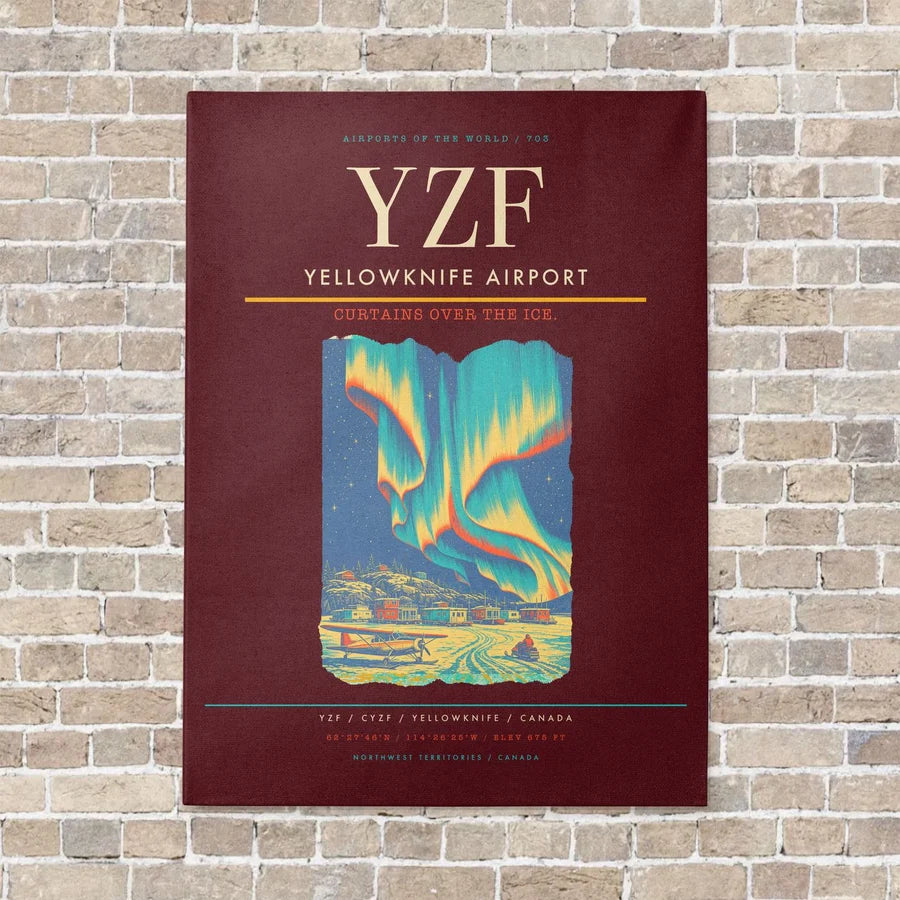 Yellowknife Airport YZF vertical canvas print - no frame - dark red background