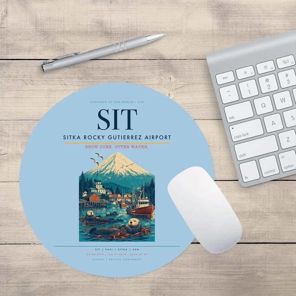 Sitka Rocky Gutierrez Airport (SIT) design on light blue round mouse pad
