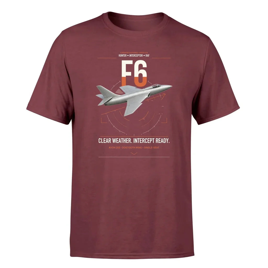 Hawker Hunter F6 design on dark red t-shirt, single-side print